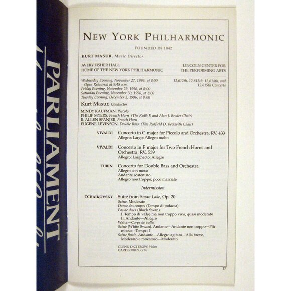 New York City Philharmonic Stagebill 1996 Kurt Masur Swan Lake Mindy Kaufman - Picture 4 of 6